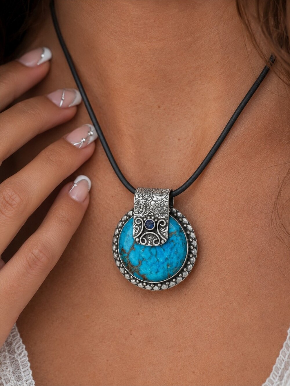 Turquoise 925 Sterling Silver Pendant Necklace Leather Cord Southwestern 18"